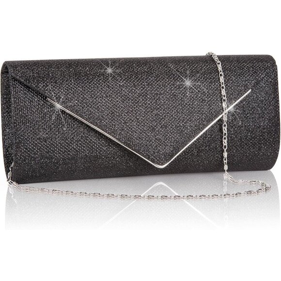 Women's Black Clutch Purses Sparkling Envelope Evening Bag with Detachable Chain - Picture 1 of 7